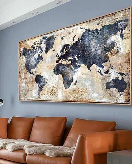 Tucai Decor Framed Wall Art World Map Wall Art Print Picture Decor Home Interior - Map Picture for Office Decor Travel Memory Nautical Map Canvas Artwork 20 x 40 inch Ready to Hang (Framed)