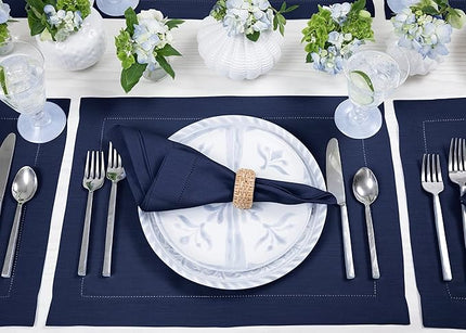 Solino Home Linen Cloth Placemats Set of 6-100% Pure Linen Hemstitch Navy Blue Placemats 14 x 19 Inch - Classic Hemstitch Table Place Mats for Christmas, Holiday, Winter, New Year