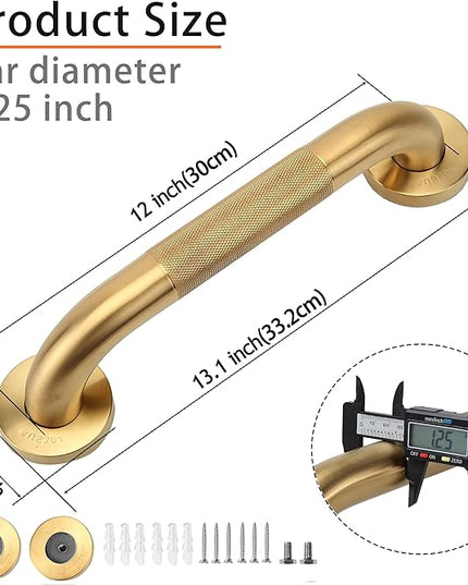 Shower Grab Bar, 2 Pack 12 Inch Gold Bathroom Grab Bar, 1.25" Diameter 304 Stainless Steel Anti-Slip Grab Bars for Bathtubs and Showers, Handicap Shower Grab Bar for Seniors Elderly