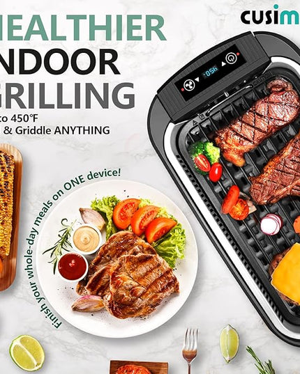 CUSIMAX Indoor Grill, Electric Smokeless Grill, 1500W Korean BBQ Grill, Electric Griddle with LED Smart Display & Tempered Glass Lid, Non-stick Removable Plate & Griddle Plate, Black