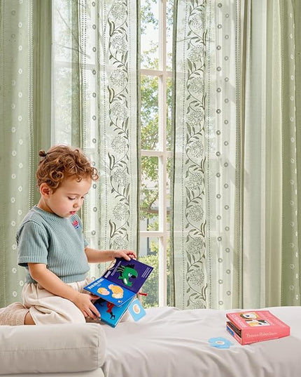 jinchan Winslow Sheer Curtains 63 Inch Length for Dorm Bedroom Bordered Floral Pattern Decorations Short Curtains Light Filtering Window Treatments, 50W x 63L, Ivory on Sage, 2 Panels