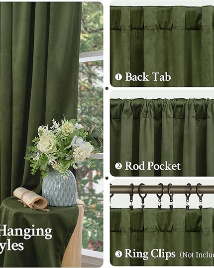LAMIT Velvet Curtains 102 Inches Long for Living Room, Sage Green Thermal Insulated Soundproof Panels Room Darkeing Back Tab and Rod Pocket Drapes for Bedroom/French Country, 2 Panels, 52 x 102 Inch