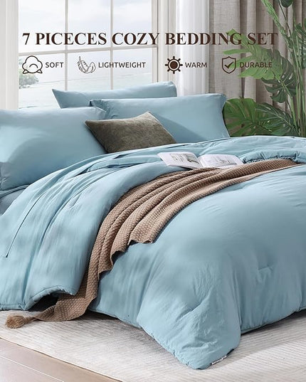 WRENSONGE Queen Comforter Set, 7 Pieces Soft Blue Bed in a Bag Queen with Fitted Sheet, Flat Sheet, 2 Pillow Shams, and 2 Pillowcases- Warm Bedding Sets for All Season