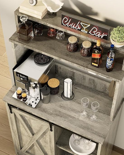 Farmhouse Coffee Bar with 3 Tier Storage Hutch, 56 Inch Small Coffee Station with 6 Hooks, Corner Bar Table with Adjustable Shelves for Living Dining Room (Grey)