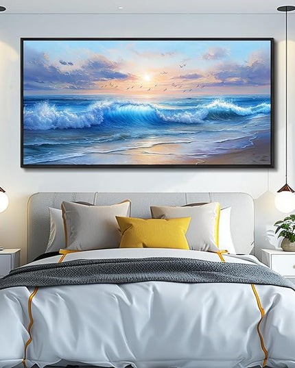 XIGUANGART Ocean Canvas Wall Art, Blue Sea Wave and Large Coastal Beach Paintings Sunset Seascape Pictures Artwork Wall Decor for Living Room Bedroom Bathroom Kitchen Hallway Home Office Black Framed