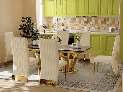 5 Piece Dining Table Set for 4, 78 inch Gold Dining Room Table Set with 4 White Leather Dining Chairs
