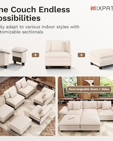 123-Inch L Shaped Sectional Sofa with Cloud Cushions, Deep Seat Modular Couch Set w/ 4 Seats & 1 Ottomans, Plush Chenille & Corduroy Upholstery for Living Room, Apartment - Beige