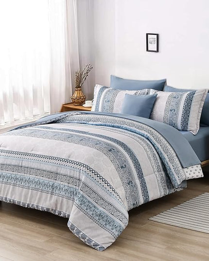 Cottolester Boho Comforter Set King Size Light Blue Comforter Set 8 Piece Bed in a Bag Striped Paisley Bedding Sets