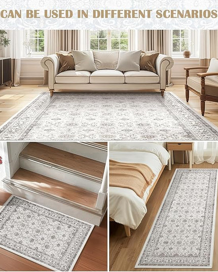 jinchan Hallway Runner Rug 3x8 - Machine Washable Beige Vintage Floral Distressed Design Soft Non-Slip Low-Pile Ultra-Thin Runner Rug for Kitchen Laundry Room Bedroom Farmhouse (3‘x8', Beige)