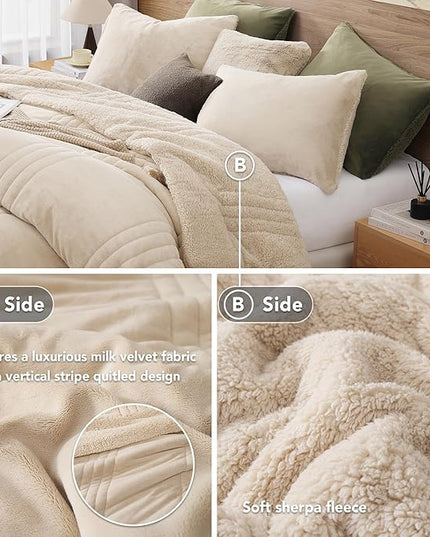 Monbix Fluffy Full Comforter Set Beige, Sherpa Plush Fuzzy Comforter 3 Piece for Full Size Bed, Luxury Soft Winter Warm Bedding Set