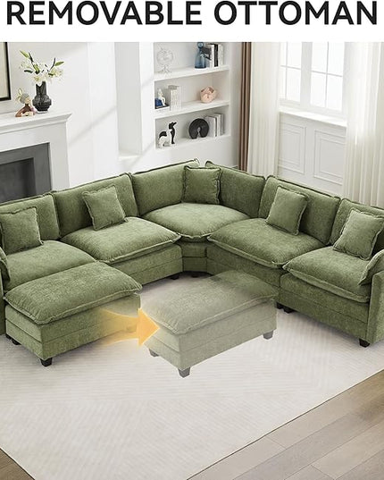 137'' V Shaped Cloud Sectional Sofa, Oversized Deep Seat Couches for Living Room, Chenille Comfy Upholstered Modular Sectional Sofa Couch, Green