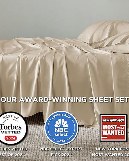 Bedsure Queen Sheet Set, Rayon Derived from Bamboo, Cooling Sheets, Deep Pocket Up to 16", Breathable & Soft, Hotel Luxury Silky Bedding for Hot Sleepers, Beige