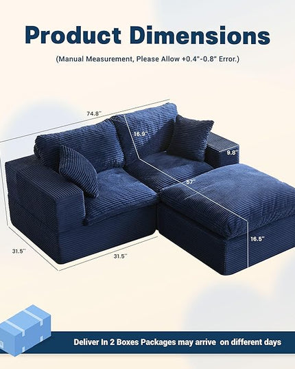 74.8” Cloud Couch, Modular Loveseat Sofa, Convertible Sofas Bed, Deep Seat Sofa, Cozy Sofa for Living Room, Office and Bedroom, L Shaped Cozy Sofa Furniture Set, Corduroy, Blue