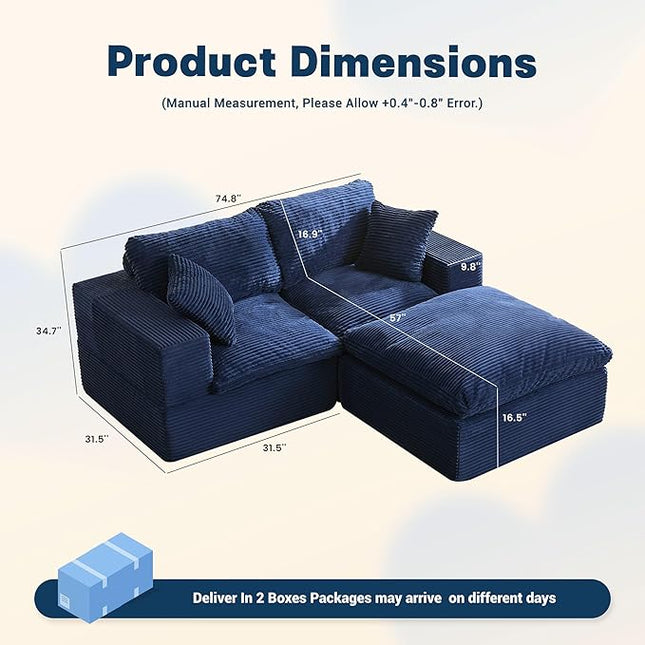 74.8” Cloud Couch, Modular Loveseat Sofa, Convertible Sofas Bed, Deep Seat Sofa, Cozy Sofa for Living Room, Office and Bedroom, L Shaped Cozy Sofa Furniture Set, Corduroy, Blue