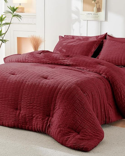 HYMOKEGE Burgundy King Size Comforter Set Seersucker 7 Pieces, All Season Luxury Bed in a Bag for Bedroom, Bedding Set with Comforters, Sheets, Pillowcases & Shams