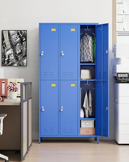 Aobabo Metal Locker for Employees, 6 Doors Metal Locker Cabinet with Lock, Industrial Storage with 18 Hooks, Storage for Office, Gym, Dormitory, Assembly Required, Blue