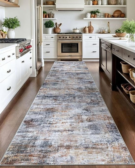 IOHOUZE Abstract Runner Rug 3x14 Ft Washable Runners for Hallways, Non Slip Kitchen Runner Printed Faux Wool Entryway Runner Indoor, Modern Abstract Floor Carpet for Hall Stair, Orange Grey
