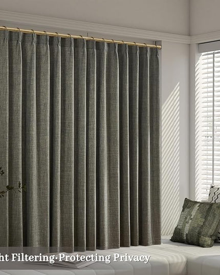 63 Inch Short Olive Green Linen Curtains 2 Panel Set for Small Windows,Pinch Pleated Ktichen Rustic Country Linen Light Filtering Drapes Privacy Back Tab Semi Sheer Curtains 63 Inches Length