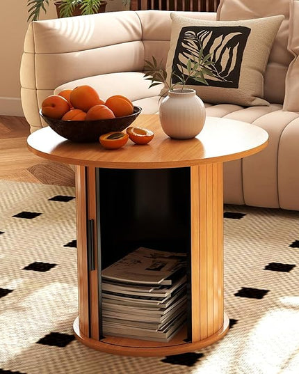 COSVALVE Round Wood Coffee Table 23.6IN with Hidden Storage & Sliding Door, Circle Farmhouse Side Table Sets for Living Room, Bedroom, Balcony, Small Spaces, Natural