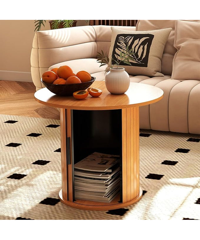 COSVALVE Round Wood Coffee Table 23.6IN with Hidden Storage & Sliding Door, Circle Farmhouse Side Table Sets for Living Room, Bedroom, Balcony, Small Spaces, Natural