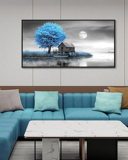 JEAWA Framed Canvas Wall Art Decor - Blue Gray Wall Art for Bedroom Living Room Home Office, Winter Landscape Wall Art Canvas Paintings, Moon Pictures Wall Decor, Tree Art Wall Decor, 24x48 IN