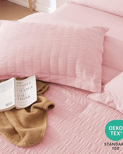 MUXHOMO 7 Pieces King Comforter Set, Seersucker Bed in a Bag King Size, All Season Luxury Bedding Set with Comforter, Flat Sheet, Fitted Sheet, Pillowcases & Shams, Pink