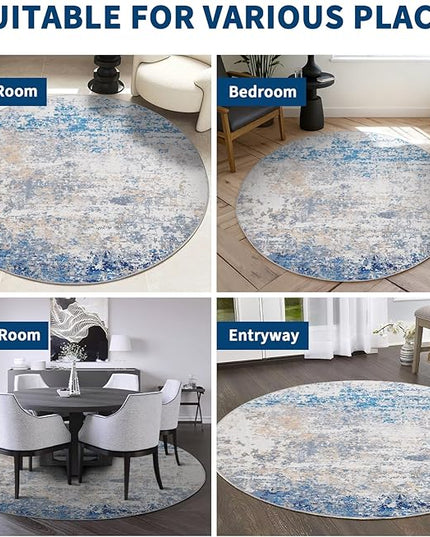 Modern Abstract 8x8 Round Area Rug Non Slip Non Shedding Rug Low Pile Stain Resistant for Bedroom Living Room Office Dining Room,Blue/Grey