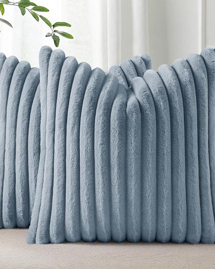 Pallene Faux Fur Plush Throw Pillow Covers 18x18 Set of 2, Luxury Soft Fluffy Striped Decorative Pillow Covers for Sofa, Couch, Living Room, Blue Grey