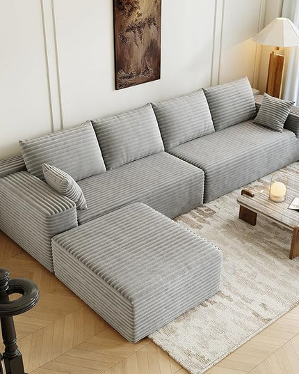 139.4" Modular Sectional Sofa, L-Shaped Minimalist Couches with Ottoman Chaise, Modern Deep Seat Convertible Sleeper Sofa,Cloud Plush Corduroy Fabric, No Assembly Required, 5 Seater, Grey