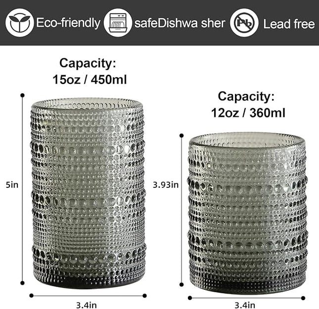 Vintage Glassware Drinking Glasses Set of 12,Grey 12oz & 15oz Hobnail Glass Cups,Embossed Water Tumbler,for Beer,Cocktail,Whiskey,Juice and Various Mixed Drinks- 1 Cleaning Brush