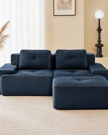 82" Convertible Modular Couches, Deep Seat L Shaped Sofas for Living Room, Modern 2 Seater Love Seat Sofa with 1 Ottoman for Small Space, Comfy Cloud Sectional Sofa Set, Corduroy Fabric Blue