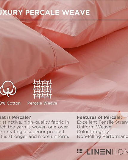 Linen Home 100% Cotton Percale Pillowcases Queen/Standard Size, English Rose, 2 Pieces of Pillow Case, Crisp and Cool Strong Bed Linen, 20 inches X 30 inches