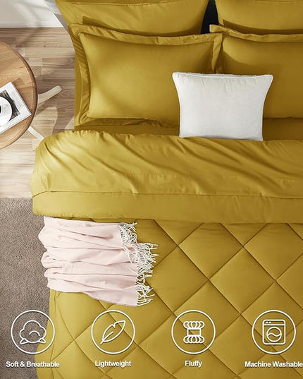 CozyLux Full Size Comforter Sets Mustard Yellow - 7 Pieces Bed in a Bag Full, Luxury Soft Bed Set for All Seasons, Bedding Set with Down Alternative Comforter, Sheets, Pillowcases & Shams