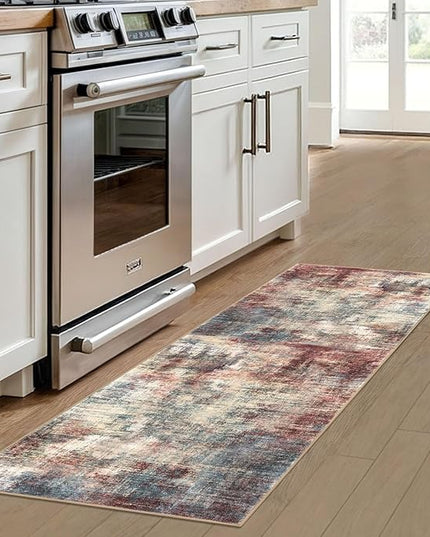 IOHOUZE Abstract Runner Rug 2x6 Ft Washable Runners for Hallways, Non Slip Kitchen Runner Printed Faux Wool Entryway Runner Indoor, Modern Abstract Floor Carpet for Hall Kitchen Bedroom, Red/Multi