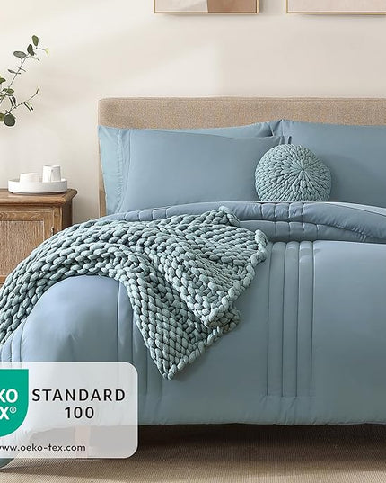 Monbix Queen Comforter Set - 7 Pieces Dusty Blue Bed in a Bag Queen Bedding Sets with Comforters, All Seasons Comforter Bed Set with Sheets, Pillowcases & Shams
