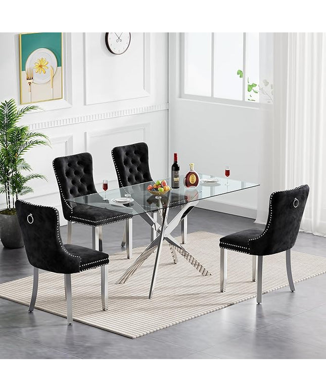 5 Piece Dining Table Set for 4, 51in Glass Dining Table Set with 4 Upholstered Dining Chairs, Black Tufted Chair & Dining Room Table Set w/Silver Metal Legs, Glass Kitchen Table and Chair Set for 4
