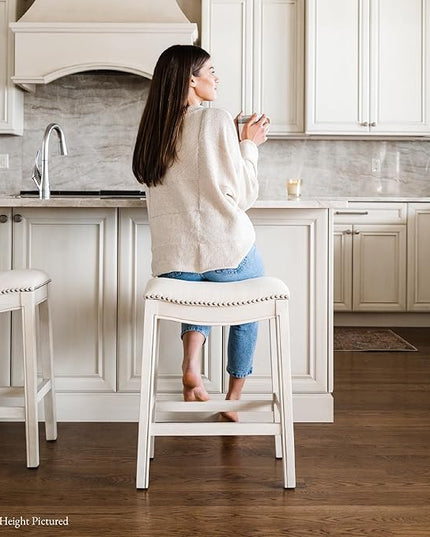 Maven Lane Adrien Backless Bar Stool – Set of 4 – 31 Inch Saddle Seat with Footrest – Cream Solid Wood Frame & Natural Fabric Upholstery – Ideal for Bars, Pub Tables & Tall Kitchen Counters