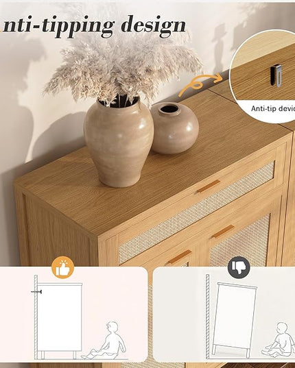 YOUDENOVA 60.3" Sideboard Buffet Cabinet, Rattan Storage Cabinet with 4 Doors & 2 Drawers, Boho Kitchen Cupboard Console with Adjustable Shelves for Dining Room, Living Room, Natural Oak