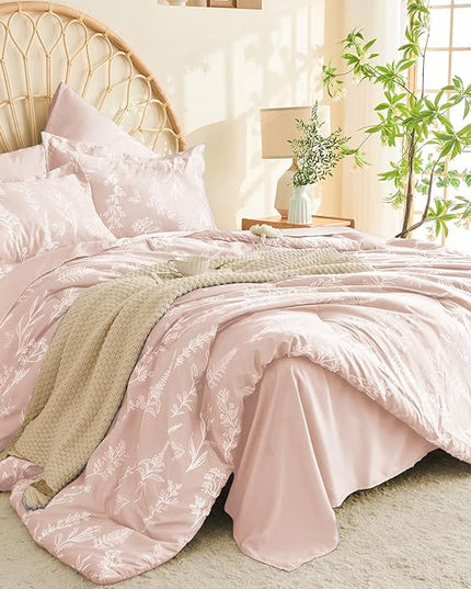 MUXHOMO Cameo Pink Cal King Comforter Set, Elegant Floral Print Bed in a Bag 7 Pieces, Ultra Soft & Breathable Reversible Botanical Pattern Bedding Set with Comforter, Sheets, Pillowcases, and Shams