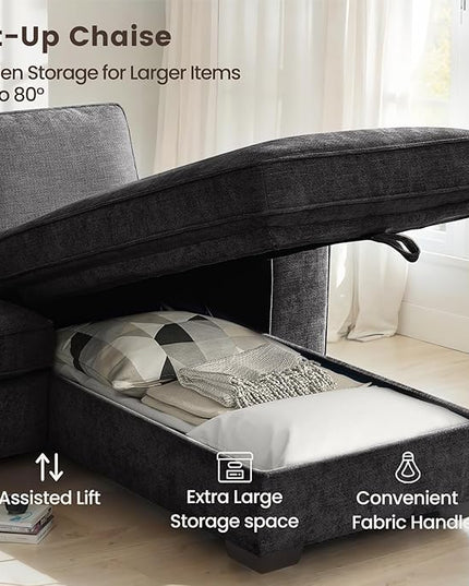 PARKOL 102" L-Shaped Sectional Couch with Storage, Sofa with Reversible Chaise, USB Type-C Charging, Chenille Fabric, Removable Cushion Covers, for Small Space, Apartment, Living Room, Dark Gray