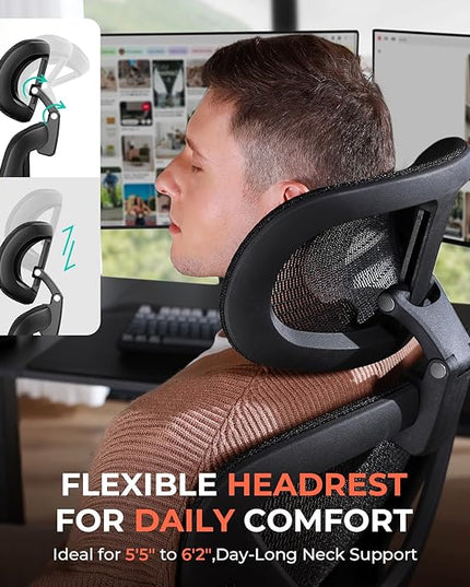 CAPOT Ergonomic Mesh Office Chair, Adjustable Lumbar High Back Desk Chair 400lbs, 4D Flip-up Arms, 3-Level Tilt Backrest, 3D Headrest, PU Wheels, Swivel Rolling Computer Seating for Long Desk Work