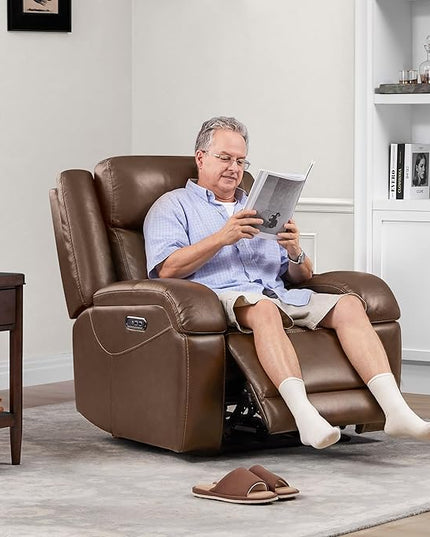 Watson & Whitely Genuine Leather Power Recliner Chairs for Adults, Wall Hugger RV Recliner with Power Headrest & Charging Ports, Electric Recliner Sofa Chair for Living Room, Cafe