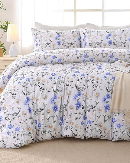 MUXHOMO Blossom Blue Bed in a Bag Queen 7 Pieces, Queen Comforter Set Reversible Botanical Flowers Design, Ultra Soft & Breathable Bedding Sets with Comforter, Sheets, Pillowcases & Shams