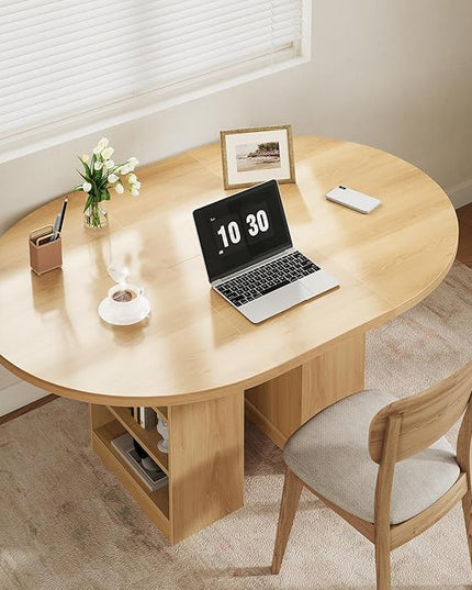 59'' Extendable Dining Table for 4-8, Round Kitchen Room Table with 3-Tier Storage Racks, Adjustable Shelves, Wooden Pedestal Base, for Kitchen, Dinner, Living Room, Office, Natural