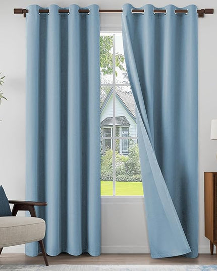100% Blackout Linen Textured Curtains for Living Room, Bedroom, Light Weight Curtains with Grommets Top, Full Blackout Curtains Privacy Protection, Light Blue, 52" W x 84" L, 2 Panels