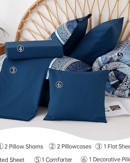 Boho Comforter Set Full Size,8 Pieces Navy Blue Bohemian Striped Bed in a Bag,Paisley Soft Microfiber Bedding Comforter Set