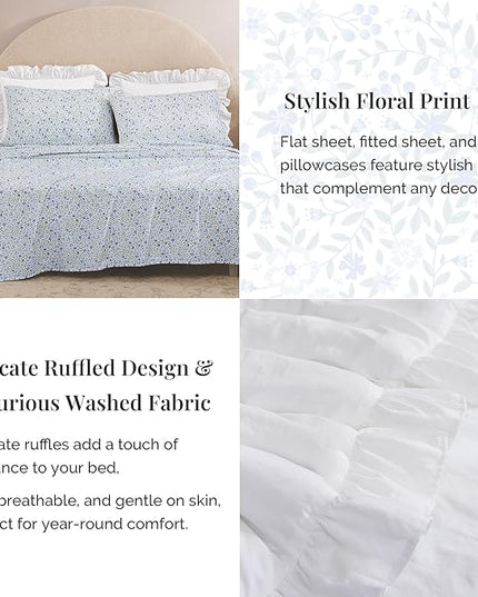 Queen Comforter Set - 7 Pieces Ruffle White Bedding Sets, Shabby Chic Farmhouse Bed in a Bag Queen with Ruffle Comforter, Floral Sheets, Pillowcases & Shams
