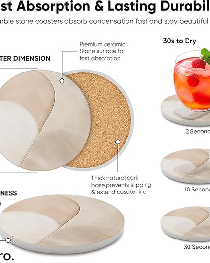 VEYRO Coasters Set of 6 for Drinks – Absorbent Ceramic Stone Drink Coasters with Cork Backing for Coffee Table & Desk, Modern Marble Look Cup Coaster Set, Housewarming Gift for New Home