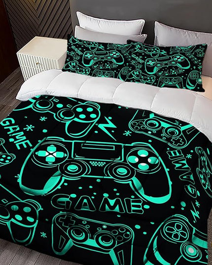 Sunnycitron Black Green Gamepad Gamer Comforter Set for Boys Gaming Bedding Set Teens Game Room Decor Queen (1 Comforter + 2 Pillowcase)