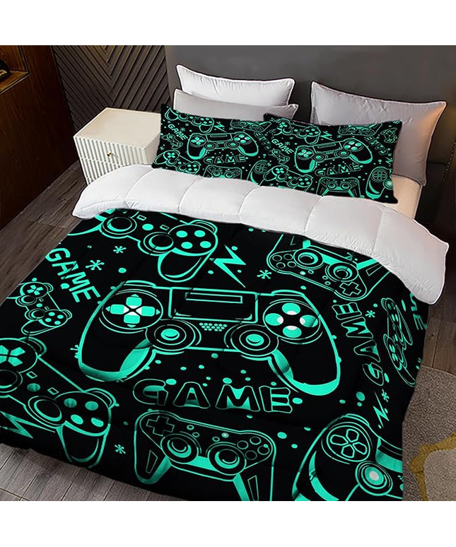 Sunnycitron Black Green Gamepad Gamer Comforter Set for Boys Gaming Bedding Set Teens Game Room Decor Queen (1 Comforter + 2 Pillowcase)